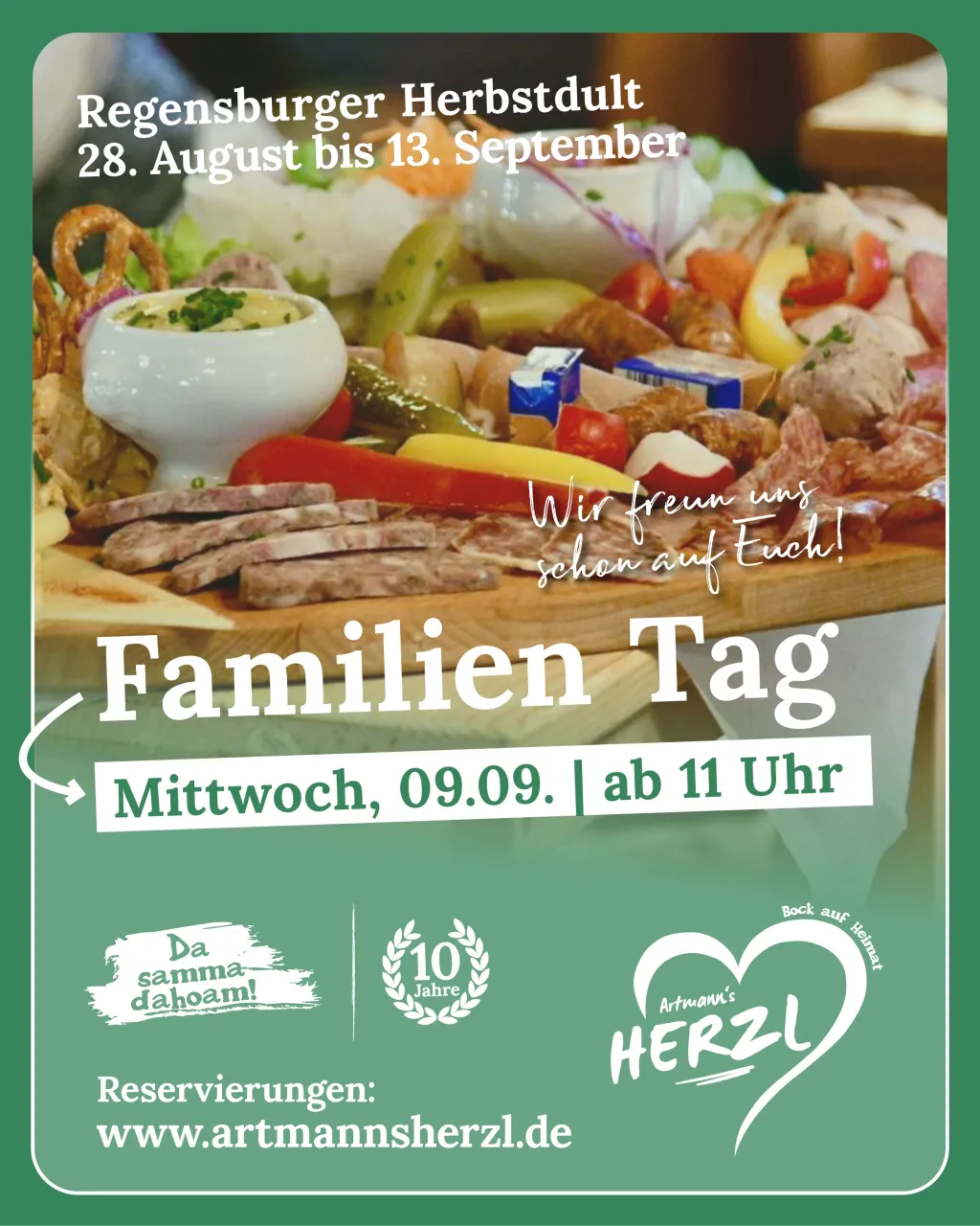 Plakat für den Familien Tag am Mittwoch, 09.09. ab 11 Uhr: Brotzeitbrett mit Wurstsalat, Brezn, Obatzda, Paprika und Gurken