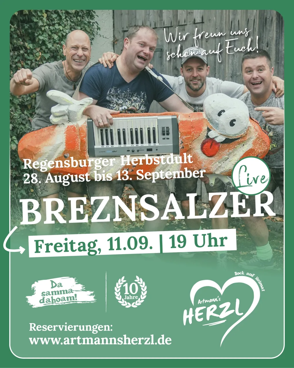 Plakat für die Breznsalzer live am Freitag, 11.09. um 19 Uhr: vier Männer in Lederhosen hinter einer bemalten Fischfigur mit eingebautem Keyboard