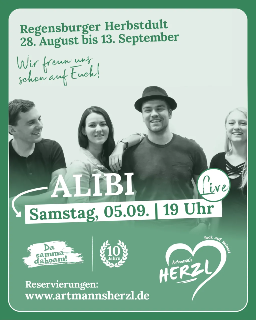 Plakat für Alibi live am Samstag, 05.09. um 19 Uhr: vier Bandmitglieder, einer mit Hut, in einem grün eingefärbten Foto