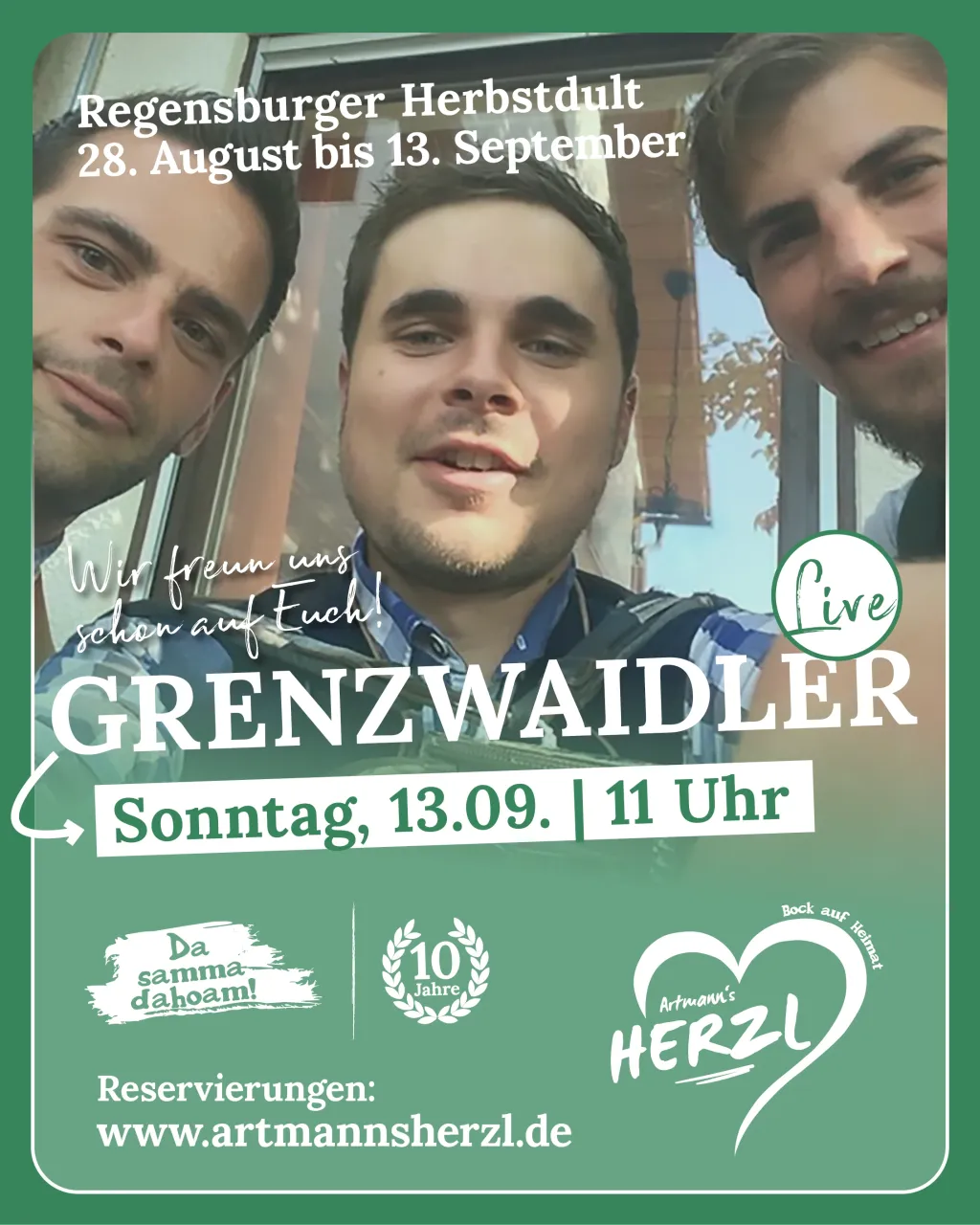 Plakat für Die Grenzwaidler live am Sonntag, 13.09. um 11 Uhr: Selfie von drei jungen Männern dicht vor der Kamera