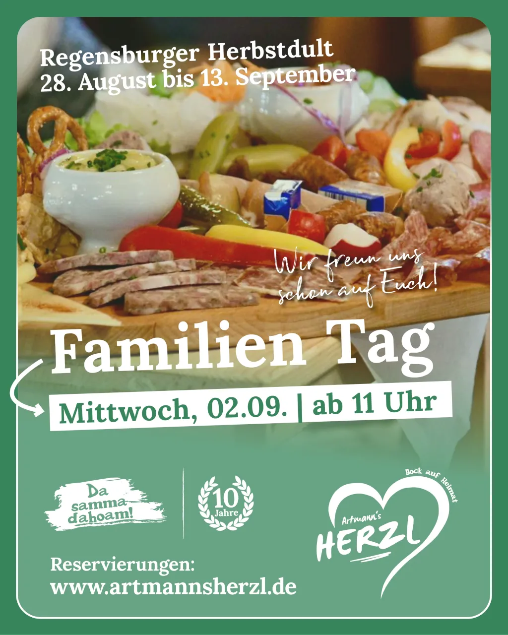 Plakat für den Familien Tag am Mittwoch, 02.09. ab 11 Uhr: Brotzeitbrett mit Wurstsalat, Brezn, Obatzda, Paprika und Gurken