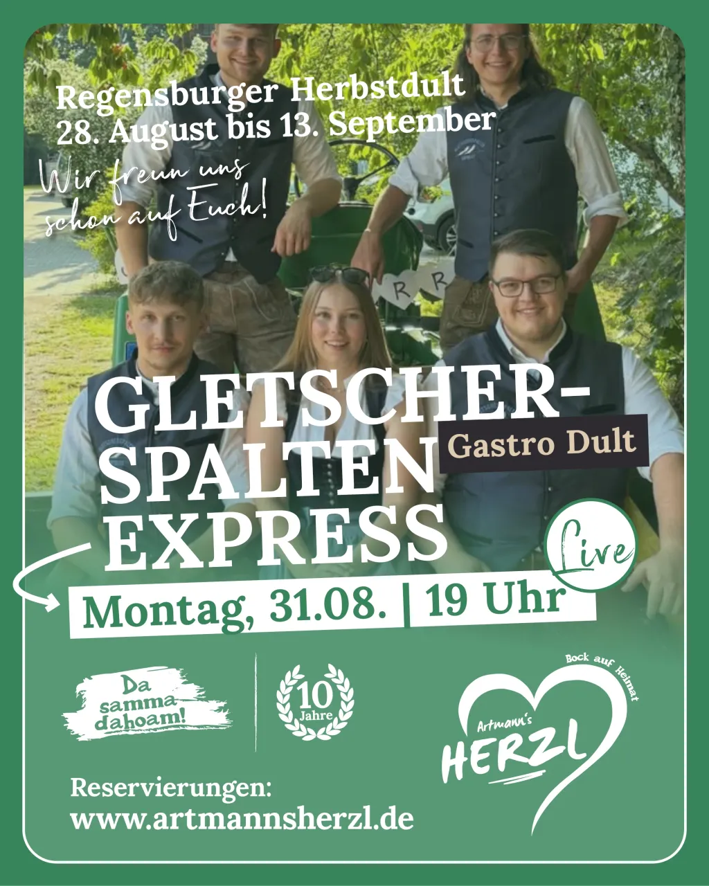 Plakat für den Gletscherspalten Express live am Montag, 31.08. um 19 Uhr zur Gastro Dult: fünf Musiker in Tracht vor einem grünen Anhänger im Freien