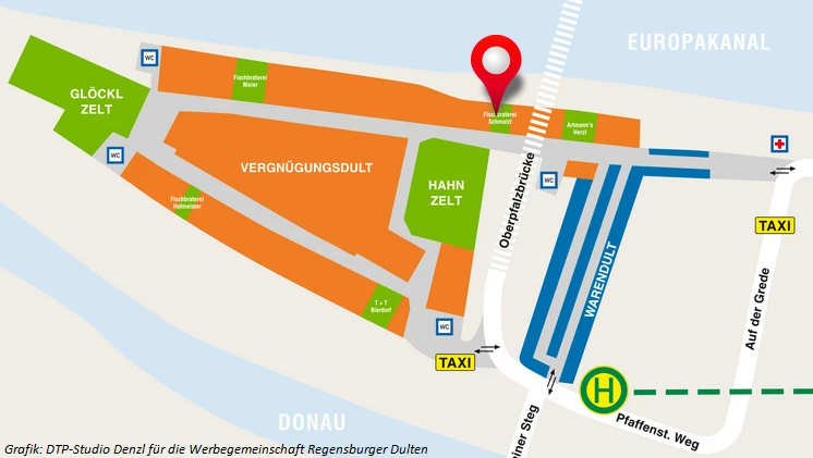 Lageplan des Dultplatzes mit markiertem Standort der Fischerei Schmalzl an der Oberpfalzbrücke