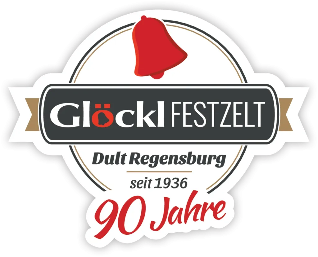 Logo des Glöckl Festzelts der Dult Regensburg seit 1936 mit roter Glocke und dem Zusatz 90 Jahre