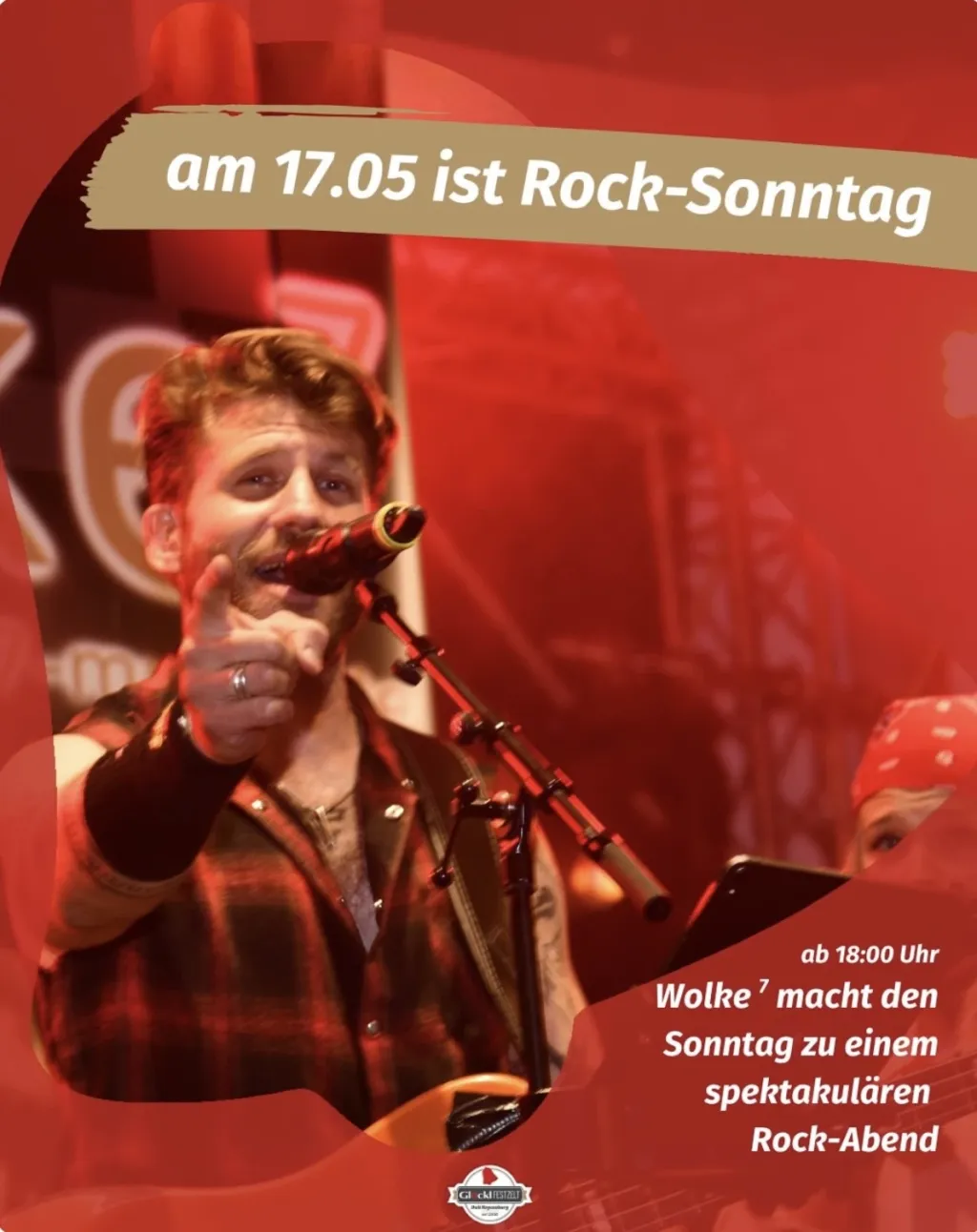 Plakat für den Rock-Sonntag am 17.05. ab 18 Uhr mit Wolke 7: ein Sänger am Mikrofon zeigt in die Kamera, das Foto ist rot eingefärbt