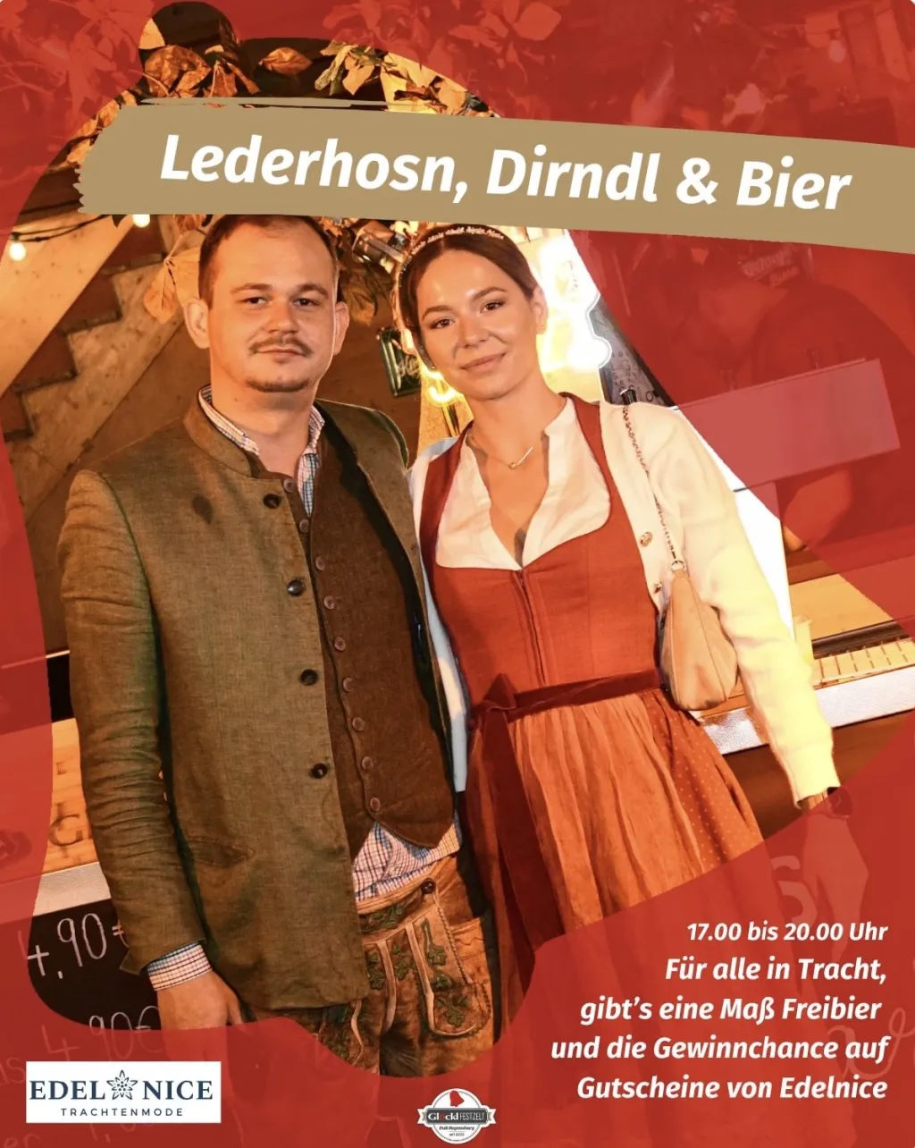 Lederhosn, Dirndl & Bier: junges Paar in Tracht im Festzelt, der Mann in Joppe, die Frau im Dirndl