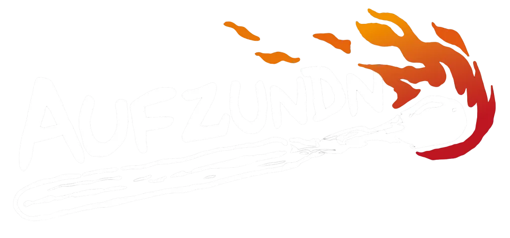 Logo der Band Aufzundn: weißer Schriftzug mit einer stilisierten Flamme in Orange und Rot