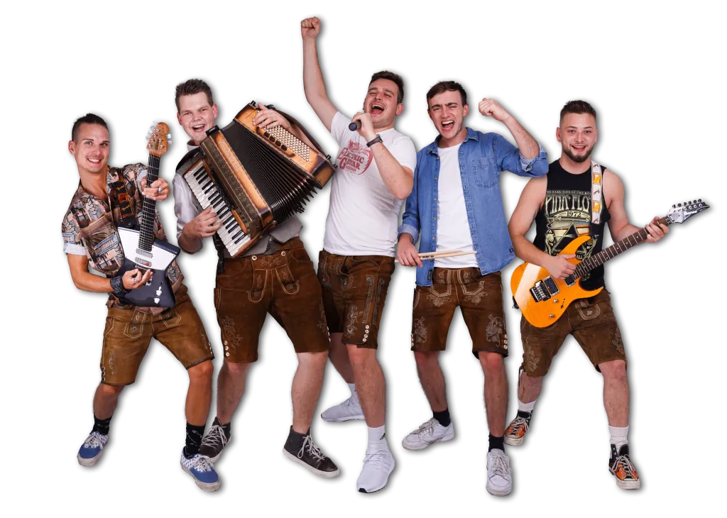 Fünf jubelnde Musiker der Band Hally Gally in Lederhosen mit Akkordeon und Gitarre