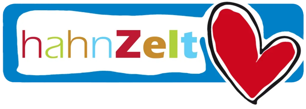 Buntes hahnZelt-Logo mit Schriftzug und rotem Herz
