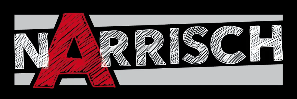 Logo der Band Narrisch: weißer Schriftzug auf schwarzem Balken, das A in Rot