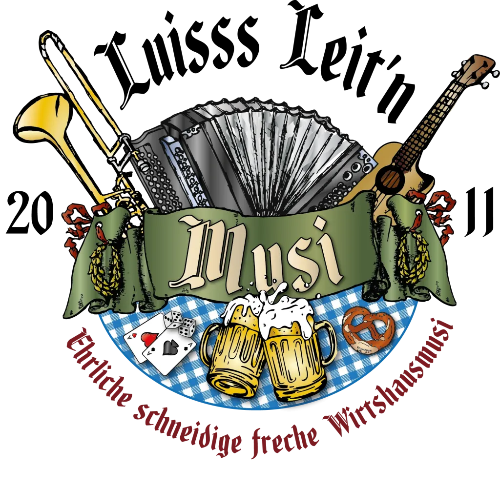 Logo der Luisss Leitn Musi mit Posaune, Akkordeon, Gitarre, Maßkrügen und Brezn