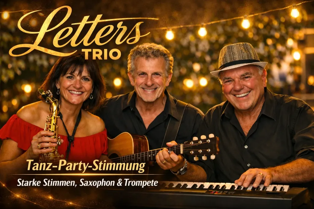The Letters Trio: drei Musiker mit Saxophon, Gitarre und Keyboard vor Lichterketten