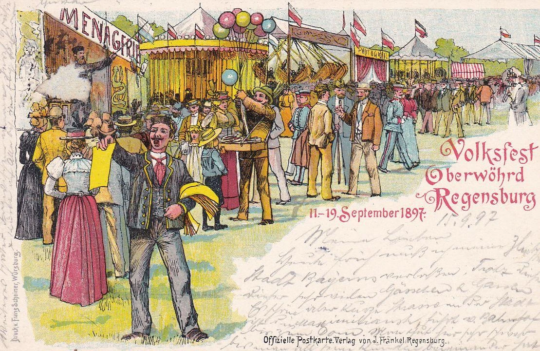 Historische Postkarte vom Regensburger Volksfest auf dem Oberen Wöhrd, 1897