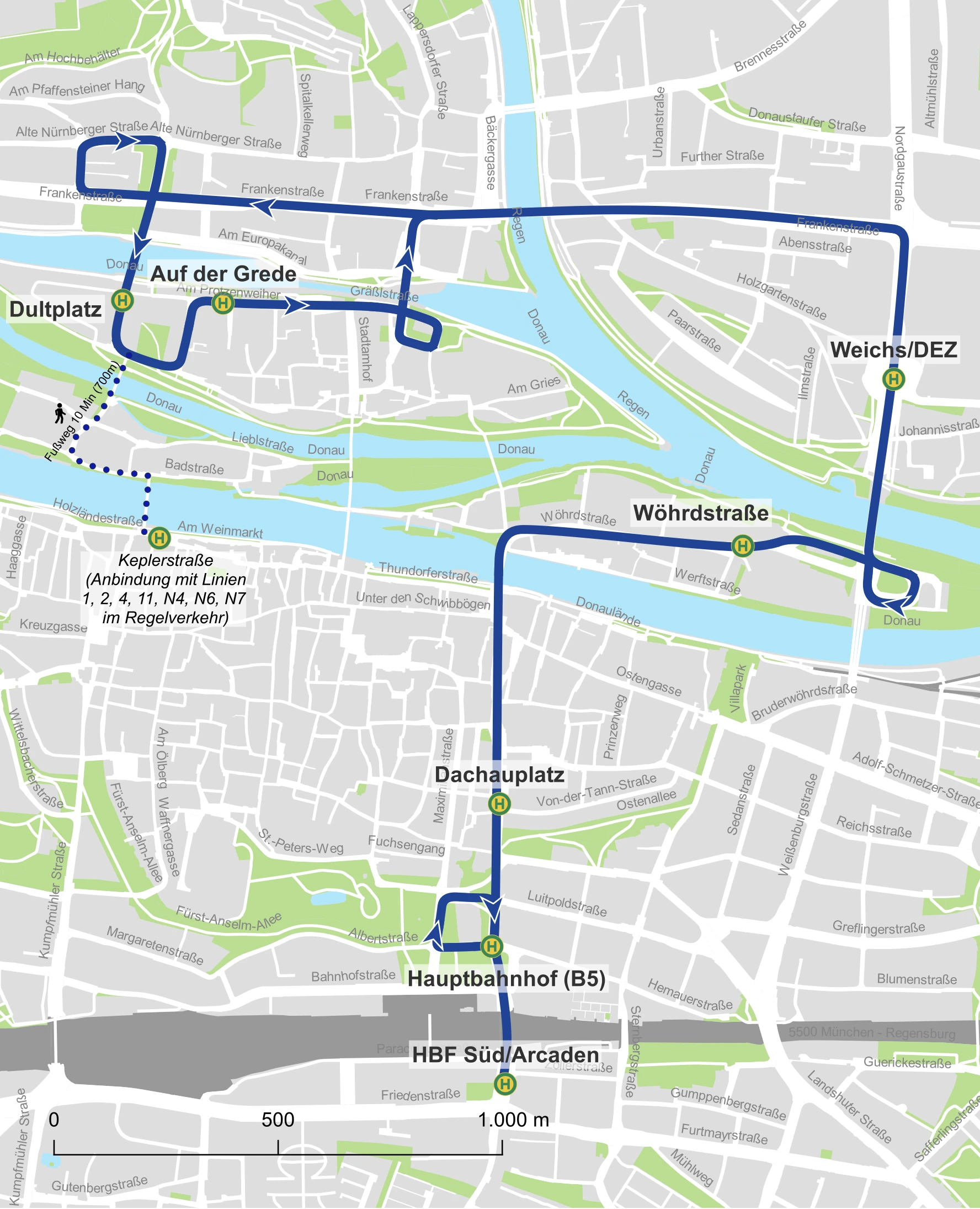 Linienplan des Dultbus-Shuttles vom Hauptbahnhof &uuml;ber Dachauplatz und W&ouml;hrdstra&szlig;e zum Dultplatz