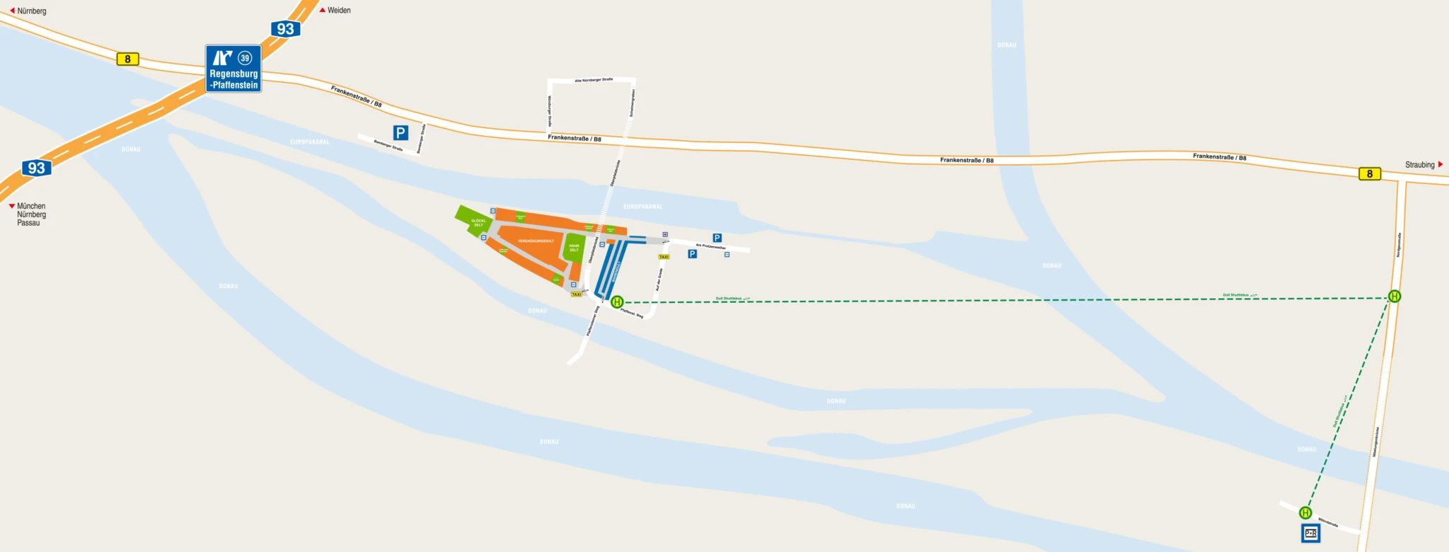 Anfahrtsplan zum Dultplatz mit Autobahn 93, Donau und Parkplatz-Markierungen