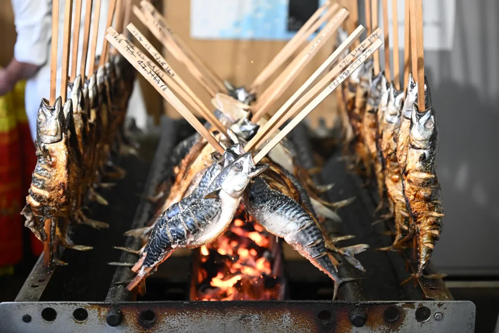 Frische Steckerlfische werden auf Holzspießen über glühender Kohle gegrillt